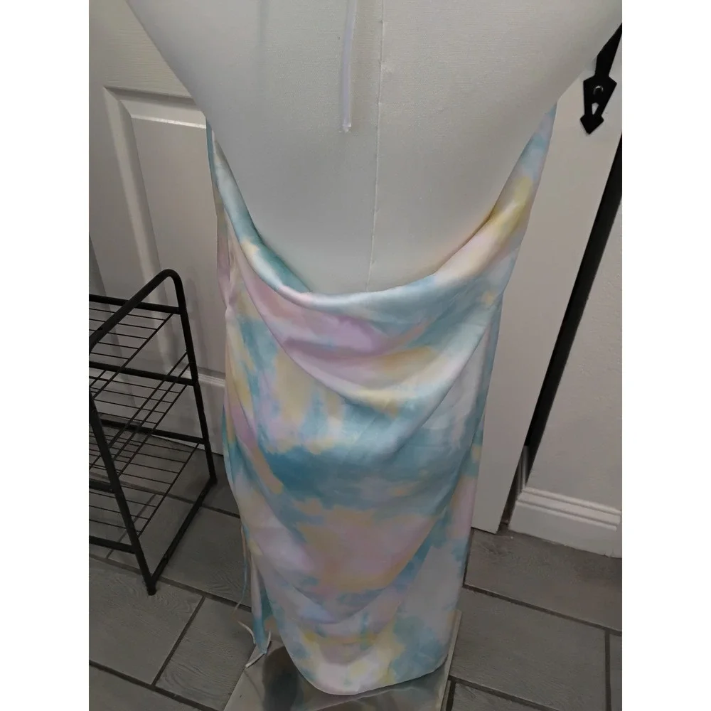 Zara Pastel Tie Dye Satin Halter Cowl Neck Ruched Midi Dress XL Blue Pink Yellow - Picture 6 of 7